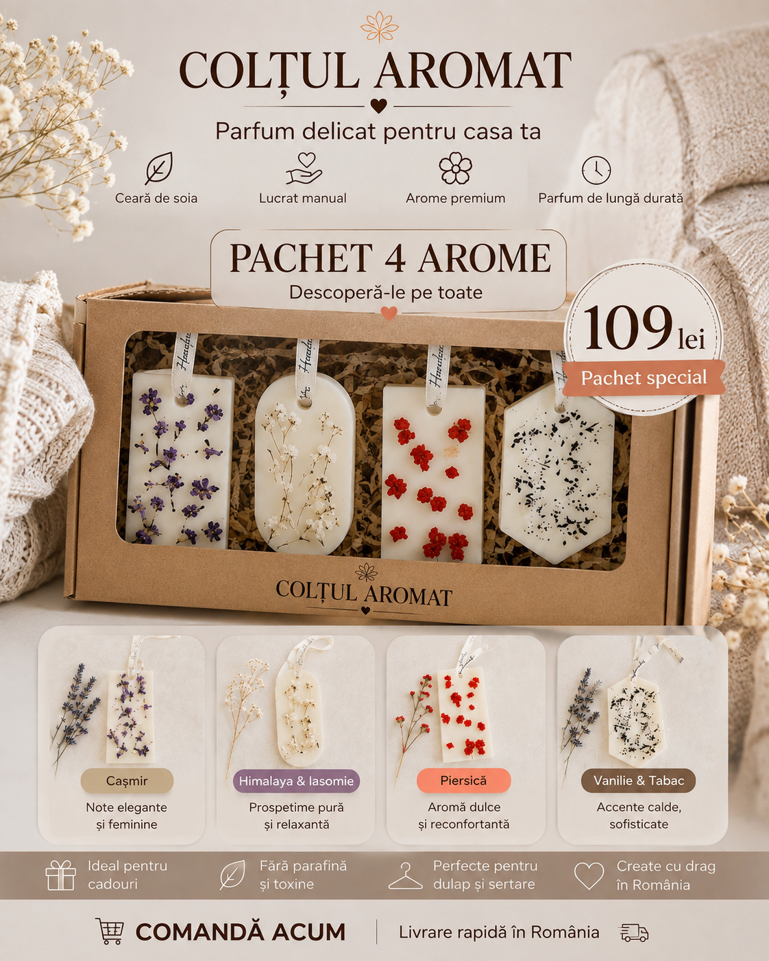 Pachet 4 Arome – Tablete parfumate din ceară de soia pentru dulap | Colțul Aromat
