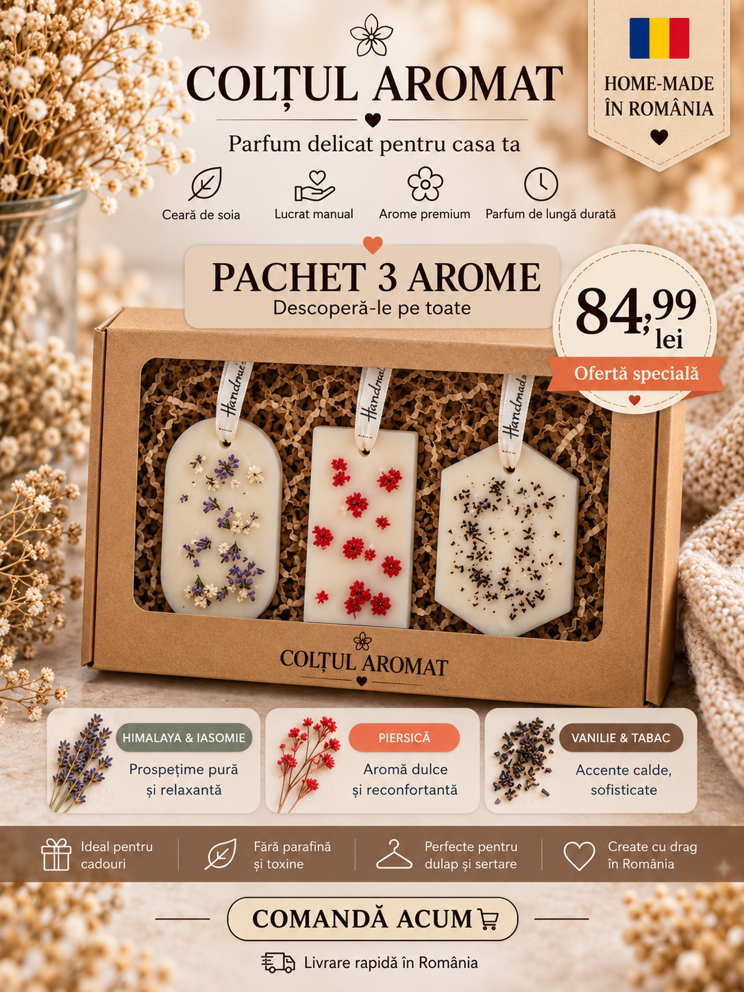 Pachet 3 Arome – Tablete parfumate din ceară de soia pentru dulap | Colțul Aromat