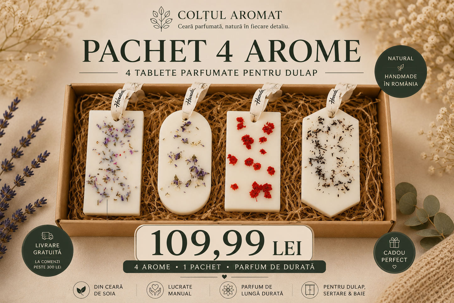 Pachet 4 Arome – Tablete parfumate din ceară de soia pentru dulap | Colțul Aromat